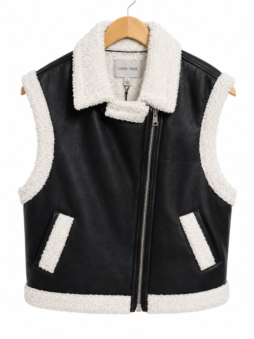 Love Tree Black Faux-Leather Vest with Cream Sherpa Trim size L